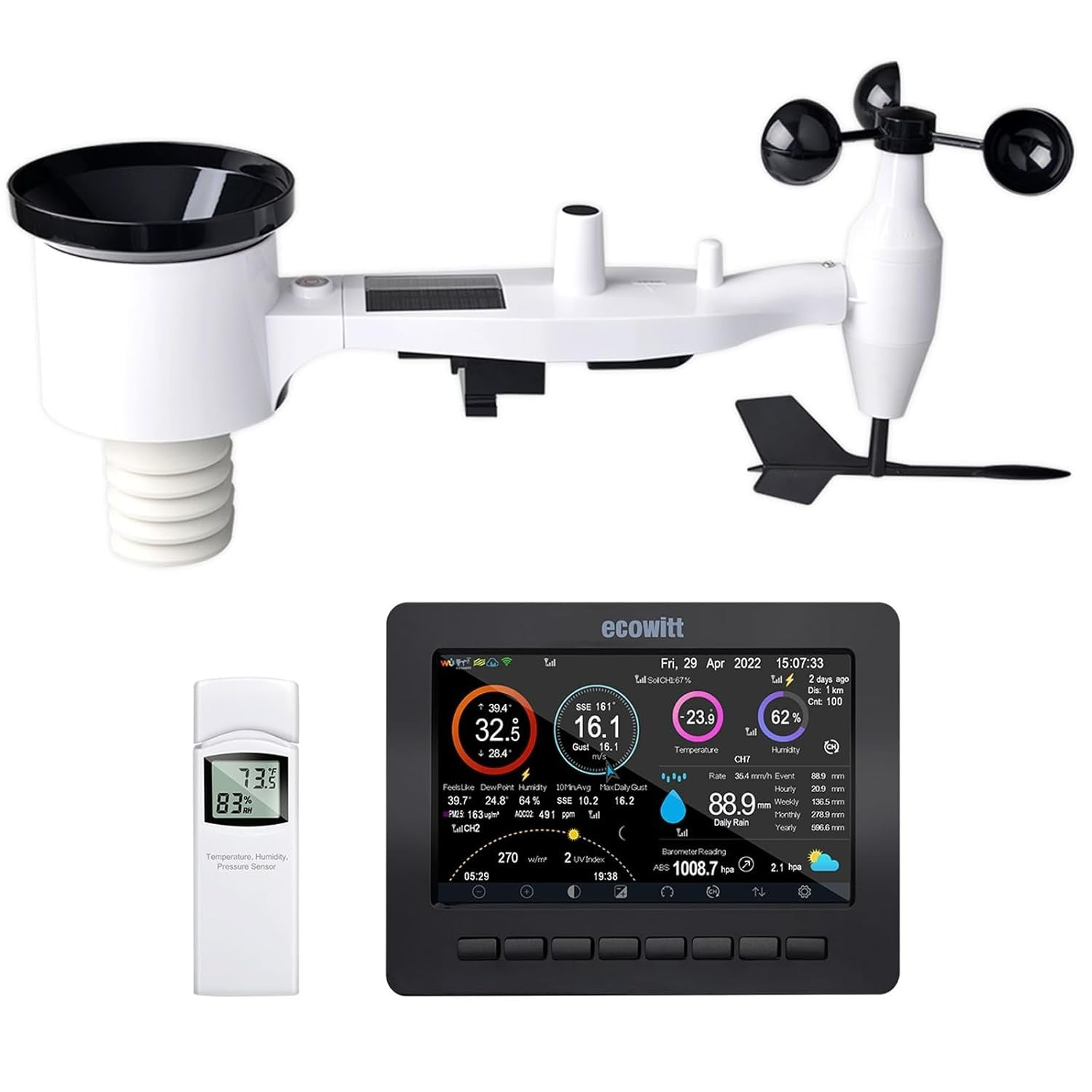 HP2551 Wi-Fi Weather Station Large TFT Screen with Solar Powered 7-in-1 Outdoor Sensor and WN32P Indoor Sensor