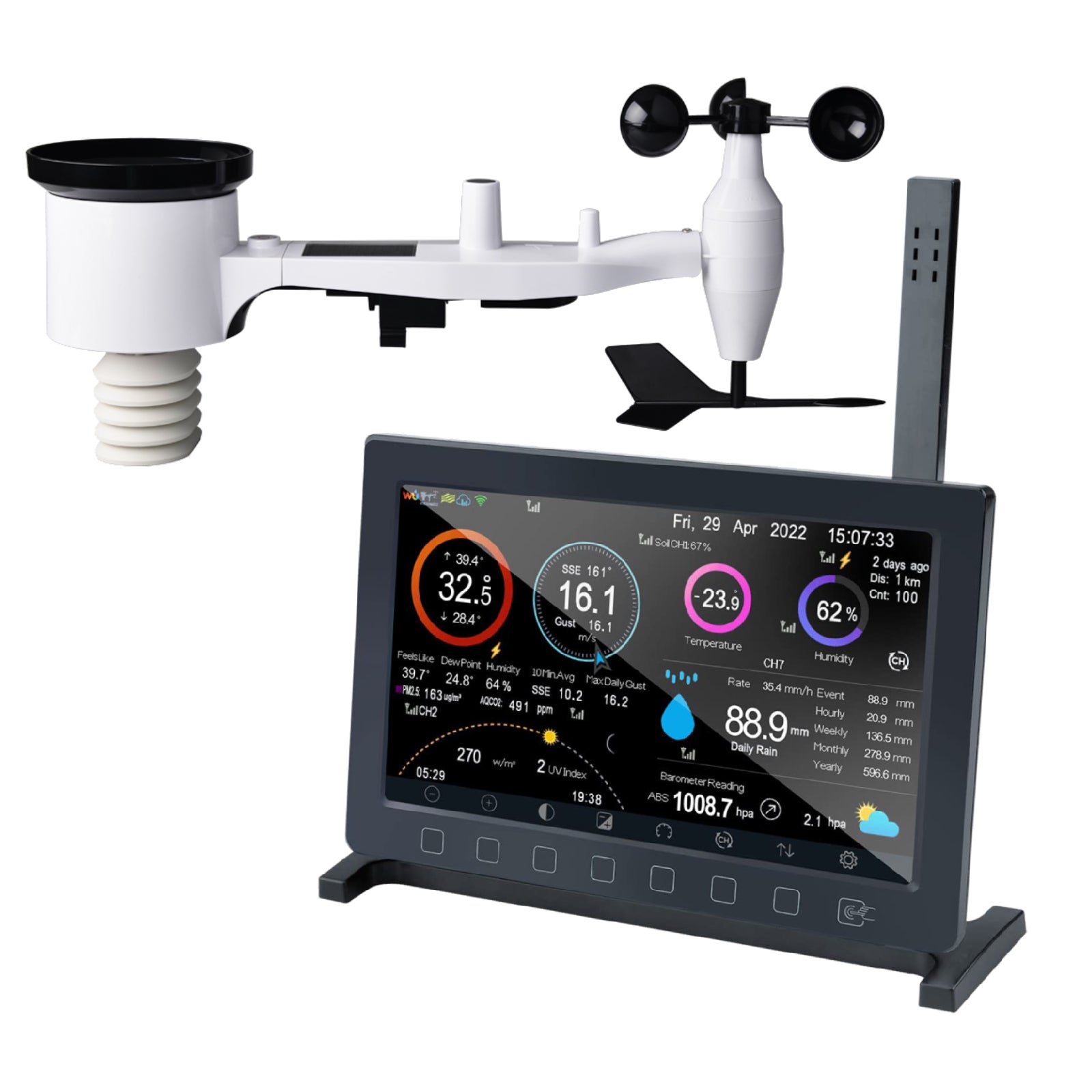 Estación Meteorológica Wi-Fi HP2561 Pantalla TFT a Color Botón Táctil con Conjunto de Sensores exteriores 7-en-1 con Energía Solar