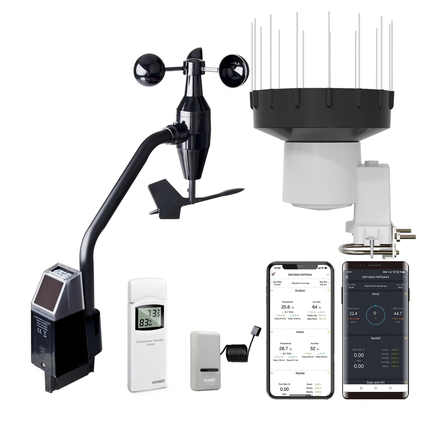 GW1202 Wi-Fi Weather Station with Solar Powered Wireless Anemometer, UV & Light Sensor, Self-Emptying Rain Collector